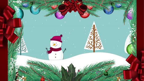 Digitale-Animation-Von-Weihnachtsdekorationen,-Die-Einen-Rahmen-Vor-Schnee-Bilden,-Der-über-Einen-Schneemann-Fällt