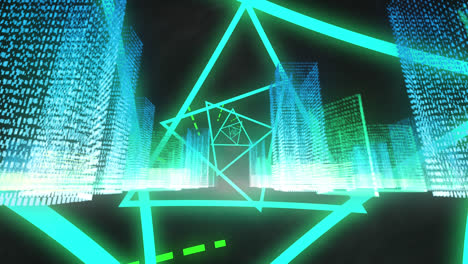 Drehen-Geometrischer-Neonblauer-Formen-über-Futuristischem-Stadtbild-Auf-Schwarzem-Hintergrund