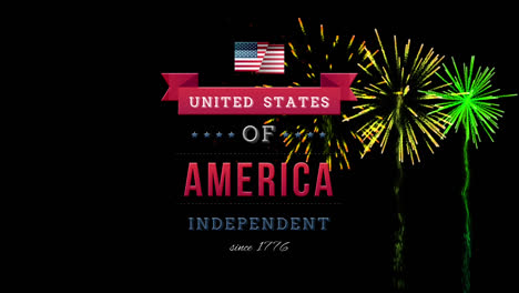Estados-Unidos-De-América,-Independiente-Desde-1776-Texto-En-Pancartas-Y-Fuegos-Artificiales