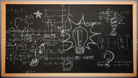 Animation-of-mathematical-formulae-with-data-processing-and-digital-information-on-school-chalkboard
