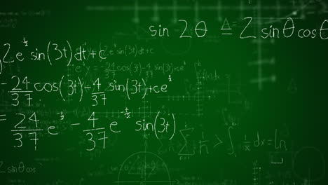 Animation-Mathematischer-Formeln-Mit-Datenverarbeitung-Und-Informationsfluss-Auf-Grünem-Hintergrund