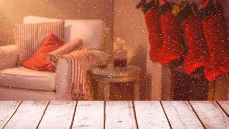Verschwommener-Hintergrund-Eines-Weihnachtlich-Dekorierten-Wohnzimmers-Kombiniert-Mit-Fallendem-Schnee