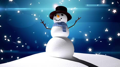 Digital-animation-of-snowflakes-falling-over-snowman-against-blue-background