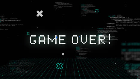 Game-over-written-in-white-distorting-on-black-background-with-text-and-white-grid