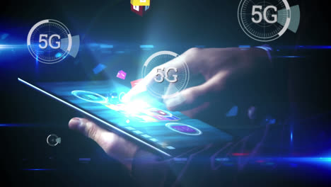 5G-Wird-In-Kreisen-Angezeigt,-Im-Hintergrund-Eine-Person,-Die-Ein-Tablet-Benutzt