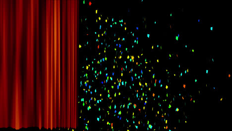 Animation-of-multi-coloured-confetti-falling-and-red-curtain-opening