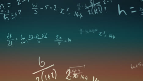 Animation-of-mathematical-equations-and-formulae-floating-on-pink-and-blue-background