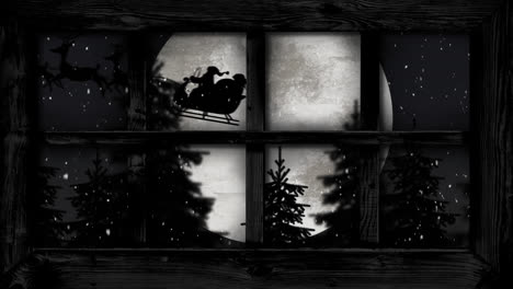 Digital-animation-of-window-frame-against-snow-falling-over-silhouette-of-santa-claus