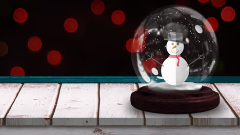 Animation-of-snow-globe-with-snowman-with-flickering-christmas-red-fairy-lights-on-black-background