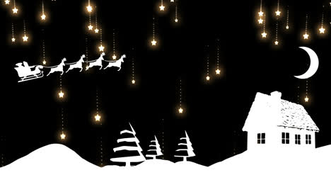 Santa-silhouette-flying-over-snow-landscape-with-falling-stars