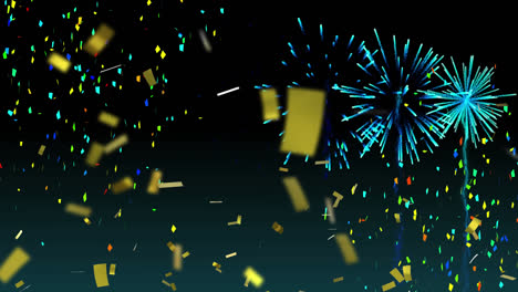 Animation-of-gold-confetti-and-fireworks-against-black-background