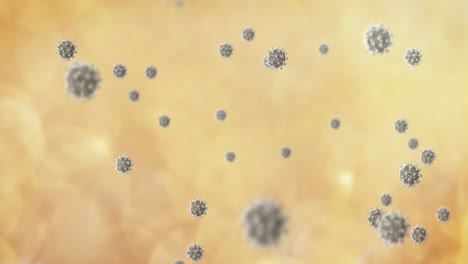 Animation-of-covid-19-cells-floating-on-yellow-clouds-of-smoke-in-background