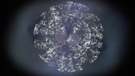 Animation-Einer-Covid-19-Zelle,-Die-über-Mehreren-Lichtpunkten-Auf-Einer-Rauchwolke-Im-Hintergrund-Rotiert