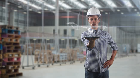 Animation-of-Caucasian-man-with-a-hard-hat-holding-a-tablet-displaying-a-white-plane-moving