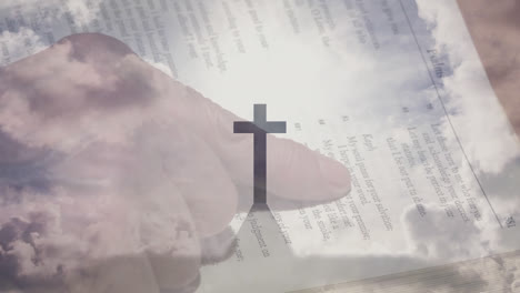 Animation-Eines-Christlichen-Kreuzes-über-Einer-Person,-Die-Die-Heilige-Bibel-Liest