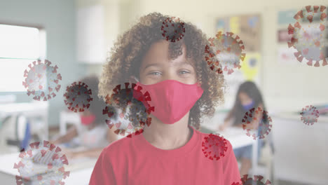 Animation-of-covid-19-cells-and-schoolchild-in-classroom-wearing-face-mask