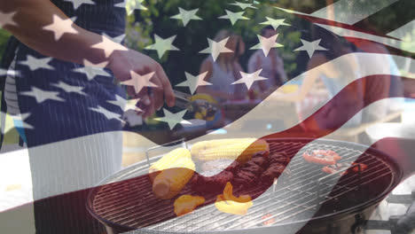 Freunde-Beim-Grillen-Bei-Einem-Picknick-Und-Der-Amerikanischen-Flagge
