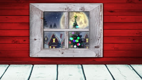 Digital-animation-of-wooden-window-frame-against-snow-falling-over-black-silhouette-of-santa-claus