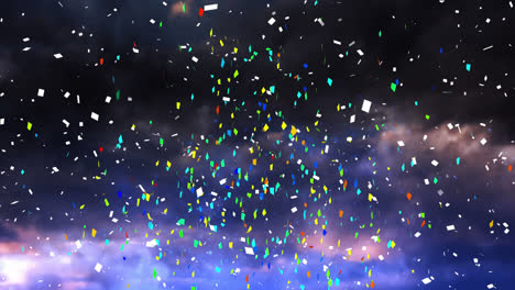 Animation-of-confetti-and-fireworks-exploding-against-clouds