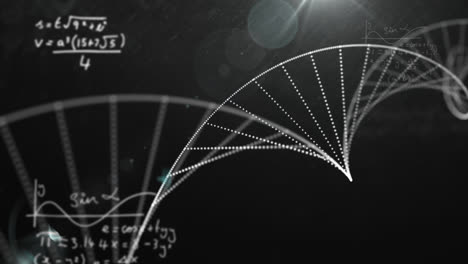 Digitale-Animation-Der-DNA-Struktur,-Die-Sich-Vor-Mathematischen-Gleichungen-Auf-Schwarzem-Hintergrund-Dreht