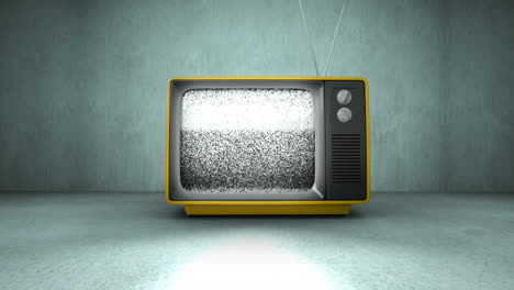 Zoom-in-animation-of-old-TV-turning-on-and-no-signal-in-a-concrete-room