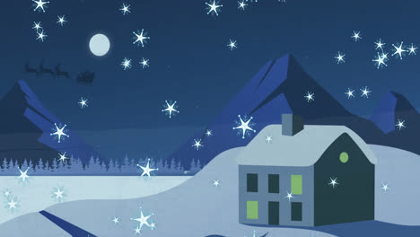 Animation-Der-Silhouette-Des-Weihnachtsmanns-Im-Schlitten,-Der-Von-Rentieren-Gezogen-Wird,-Vor-Einer-Winterlandschaft