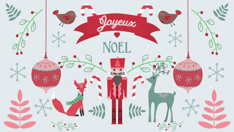 Animation-Von-Joyeux-Noel-Wörtern-Mit-Tieren-Auf-Weihnachtlichem-Dekorationshintergrund