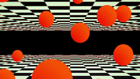 Schwebende-Rote-Kugeln-Mit-Beweglichen-Schachbrettquadraten-Darüber-Und-Darunter