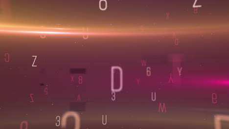 Digitale-Animation-Von-Alphabeten-Und-Zahlen,-Die-Sich-Vor-Violettem-Hintergrund-Bewegen-Und-Verändern