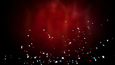 Animation-of-multi-coloured-confetti-falling-over-glowing-red-background