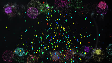 Animation-of-multi-coloured-confetti-and-fireworks-exploding-on-black