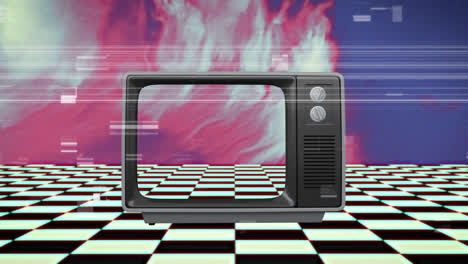 Televisión-Retro-E-Interferencias-En-Colores-Borrosos-Con-Tablero-De-Ajedrez-En-Movimiento-Debajo