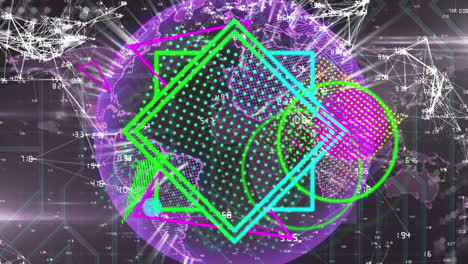 Animation-Von-Neonfarbenen-Formen,-Die-Aufblitzen,-Mit-Einem-Violetten-Globus,-Der-Sich-über-Einem-Netz-Von-Verbindungen-Dreht