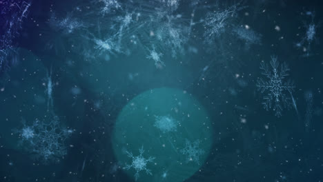 Digitale-Animation-Von-Schneeflocken,-Die-über-Leuchtende-Lichtpunkte-Vor-Blauem-Hintergrund-Fallen