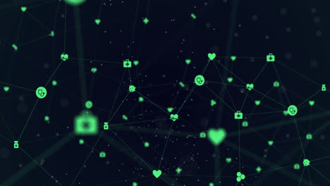 Animation-of-digital-interface-and-network-of-connections-with-green-icons-on-black-background