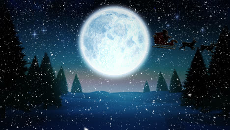 Video-composition-with-falling-snow-over--animation-of--santa-in-sleigh--at-winter-scenery-with-full