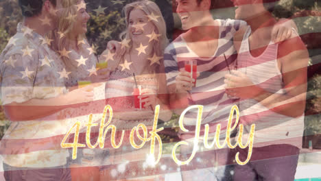 Group-of-friends-by-the-pool-and-an-American-flag-with-a-4th-of-July-text