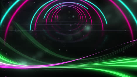 Animation-of-a-tunnel-of-multi-coloured-glowing-geometric--with-night-sky-and-glowing-stars-in-the-b