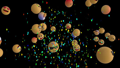 Animation-of-multi-coloured-confetti-falling-and-multiple-emoticons