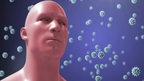 Animation-Von-Makro-Covid-19-Zellen,-Die-Um-Ein-3D-menschliches-Gesicht-Auf-Blauem-Hintergrund-Schweben