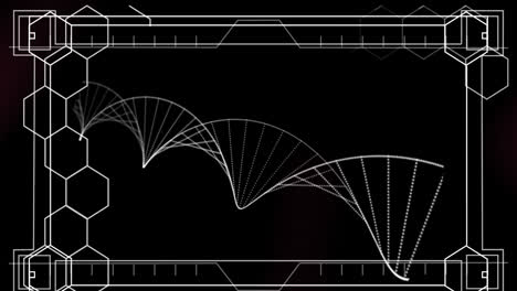 Digitale-Animation-Von-Sechseckigen-Formen,-Die-Sich-Vor-Einer-Sich-Drehenden-DNA-Struktur-Auf-Violettem-Hintergrund-Bilden