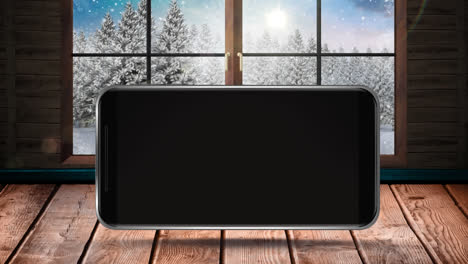 Animation-Eines-Leeren-Smartphone-Bildschirms-Mit-Winterlandschaft-Durch-Ein-Fenster-Im-Hintergrund