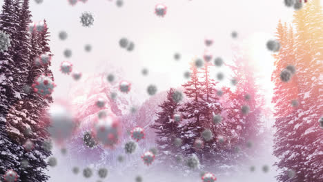 Digital-composition-of-multiple-covid-19-cells-moving-against-snow-landscape-with-trees