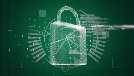 Padlock-with-moving-data-and-graphic-elements-on-a-green-background