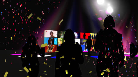 Animation-of-multi-coloured-confetti-falling-over-people-dancing