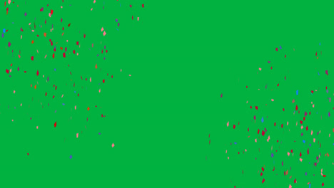 Animation-of-multi-coloured-confetti-falling-over-green-background