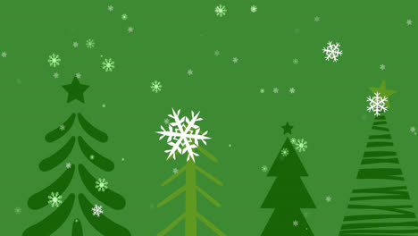 Digitale-Animation-Von-Schneeflocken,-Die-Gegen-Mehrere-Weihnachtsbäume-Auf-Grünem-Hintergrund-Fallen