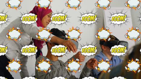 Boom-Text-Auf-Sprechblasen-Gegen-Kinder,-Die-Ein-Virtual-Reality-Headset-Verwenden