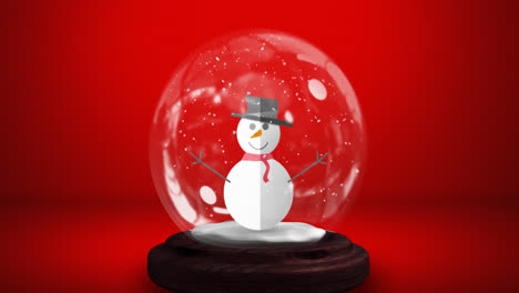 Digital-animation-of-snow-falling-over-snowman-in-snow-globe-against-red-background