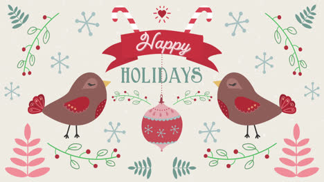 Animation-of-Happy-Holidays-words-with-moving-birds-on-Christmas-decorations-background